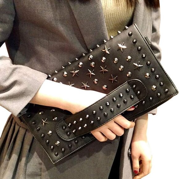 Women Small Punk Rivet PU Leather Handbag Clutch Shoulder Tote Stylish - Picture 6 of 6